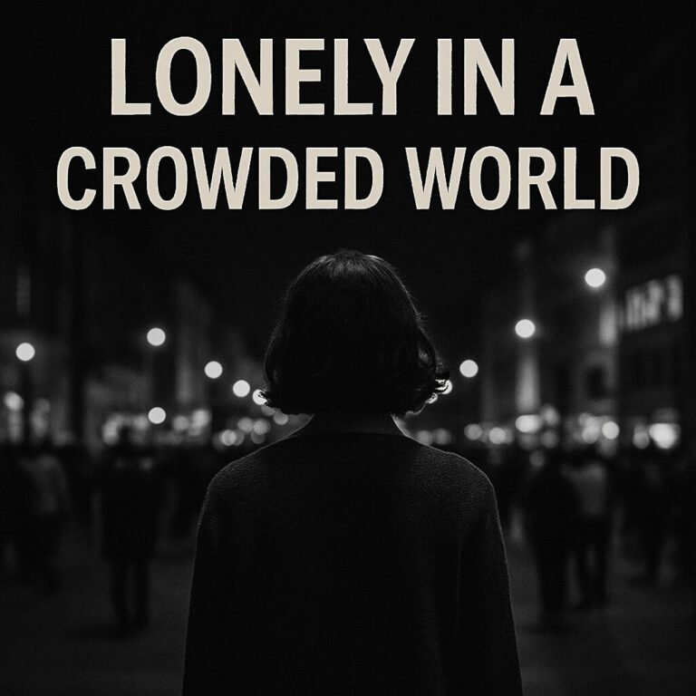 A solitary figure stands facing a blurred, bustling city crowd at night, symbolizing emotional isolation in a crowded world. The words "LONELY IN A CROWDED WORLD" appear boldly above.